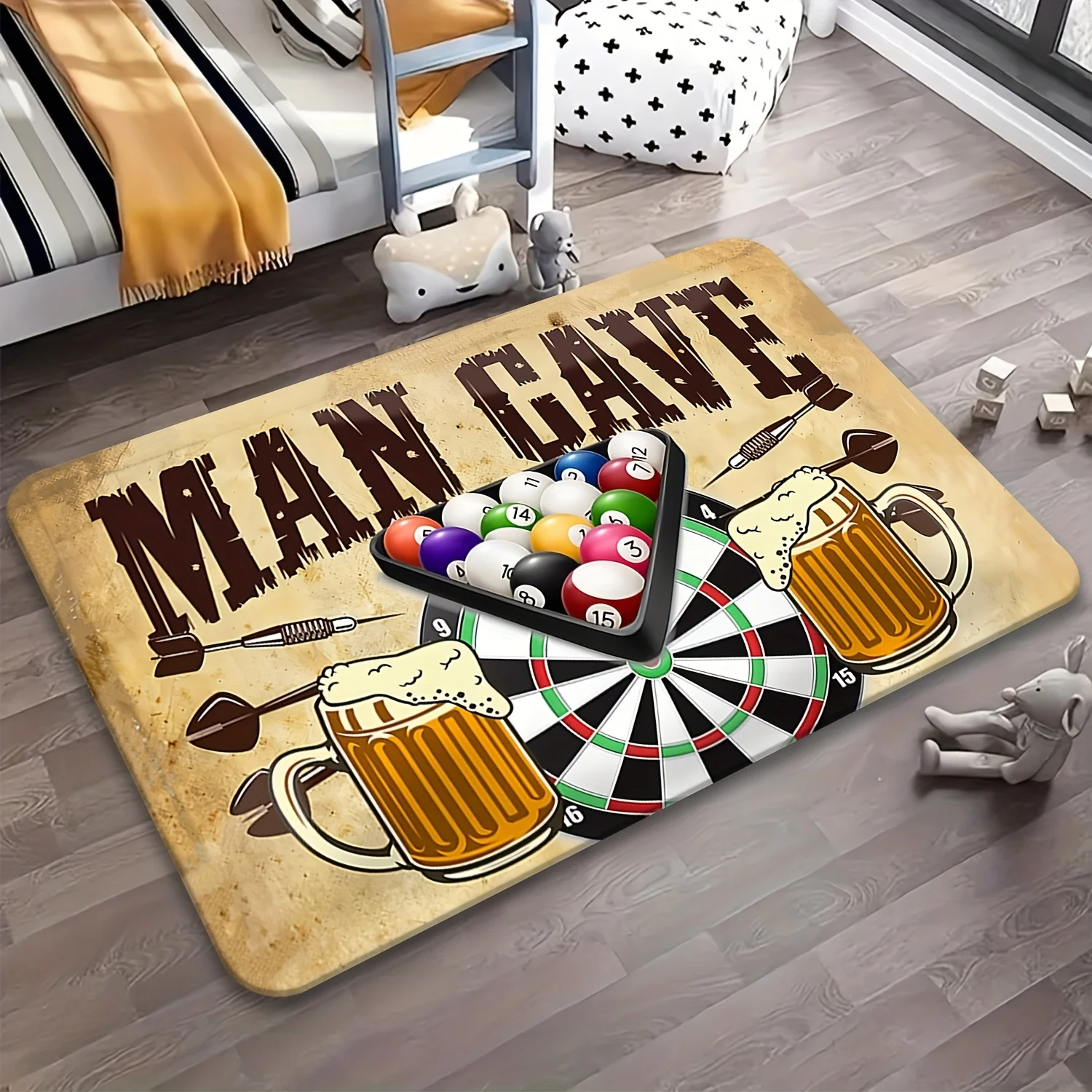 Man Cave Beer Doormat Flannel Style Rug, Dartboard Pool Balls Design Non-Slip Machine Washable Door Carpet for Recreation
