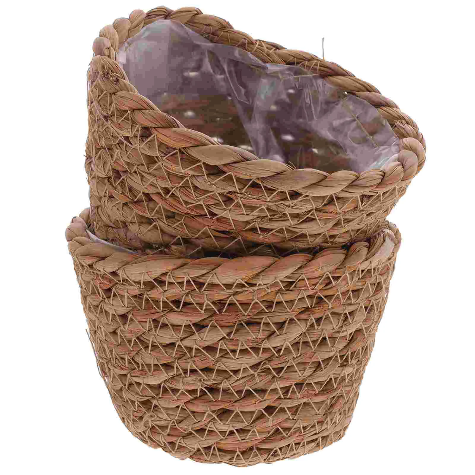 

2 Pcs Straw Flower Pot Woven Planter Basket Rustic Toys Container for Plants Cattail with Liner Hanging