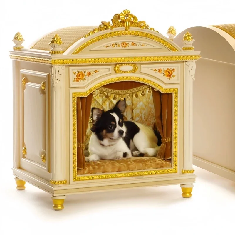 aAntique Beige Solid Wood French Design Luxury Dog House Sponge Filling Golden Color Rectangle Shape