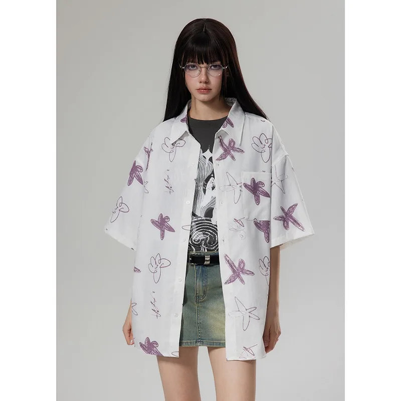 NXXTRESS Shirts Women Daily Ulzzang Loose Students Floral Printing Design Fashion Summer Collar Vacation Short Sleeve Shirt Tops