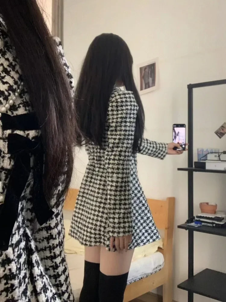 Vintage Bow Houndstooth Dresses 2024 Autumn Slim Waist A-line Dress for Women Y2k E-Girl Notched Collar Vestidos Mujer