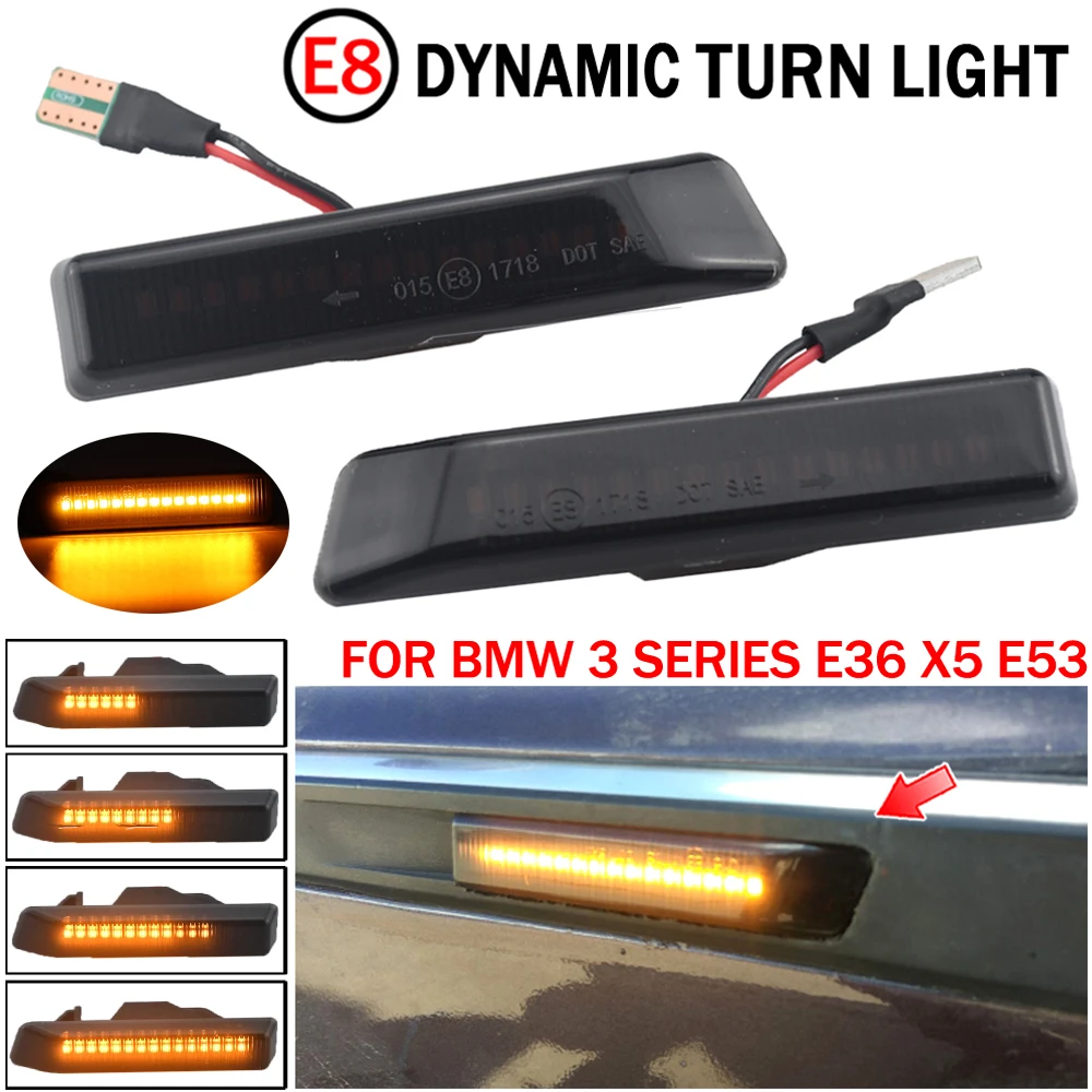 2x Dynamic Fender LED Turn signal Side Marker Light Sequential Lamp For BMW X5 E53 1999 2001 2002 2003 2004 2005 2006 E36 1997