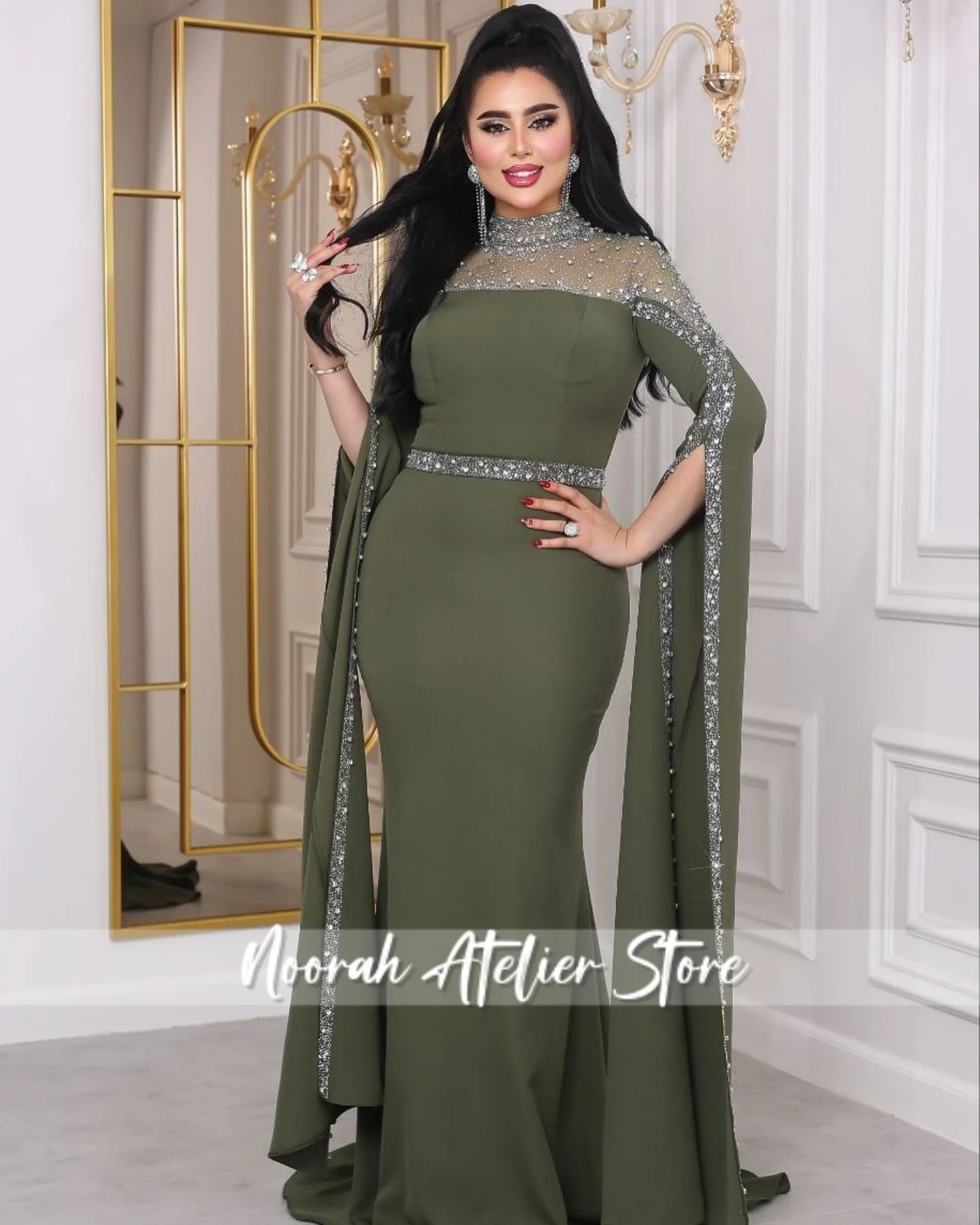 فساتين سهرة فاخرة سعودية جديدة مطرزة بأكمام طويلة باللون الأخضر H N 2025 فستان زفاف حورية البحر Fساتين فستان حفلات طويل مخصص