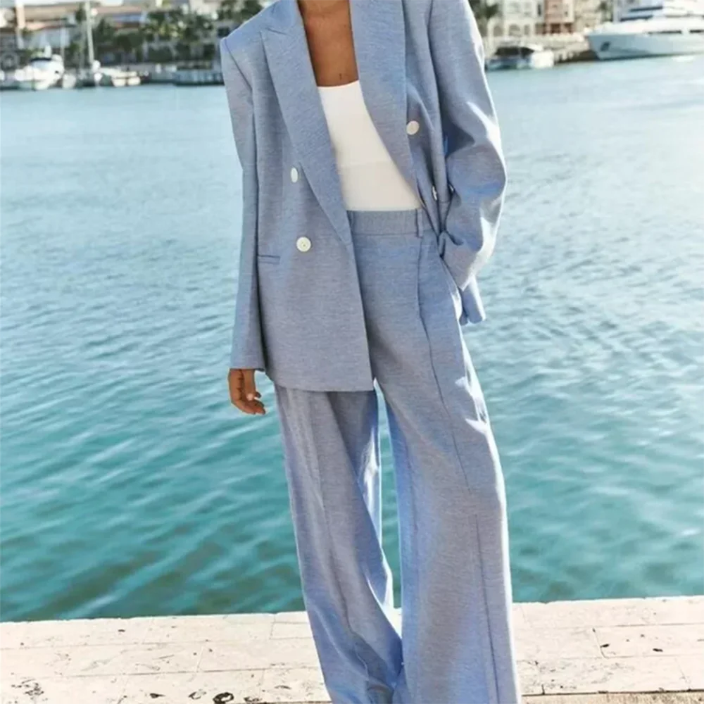 High Quality Light Blue Linen Women Suit Double Breasted 2 Piece Jacket Pants Female Set Elegant Fresh Office Lady Clothing