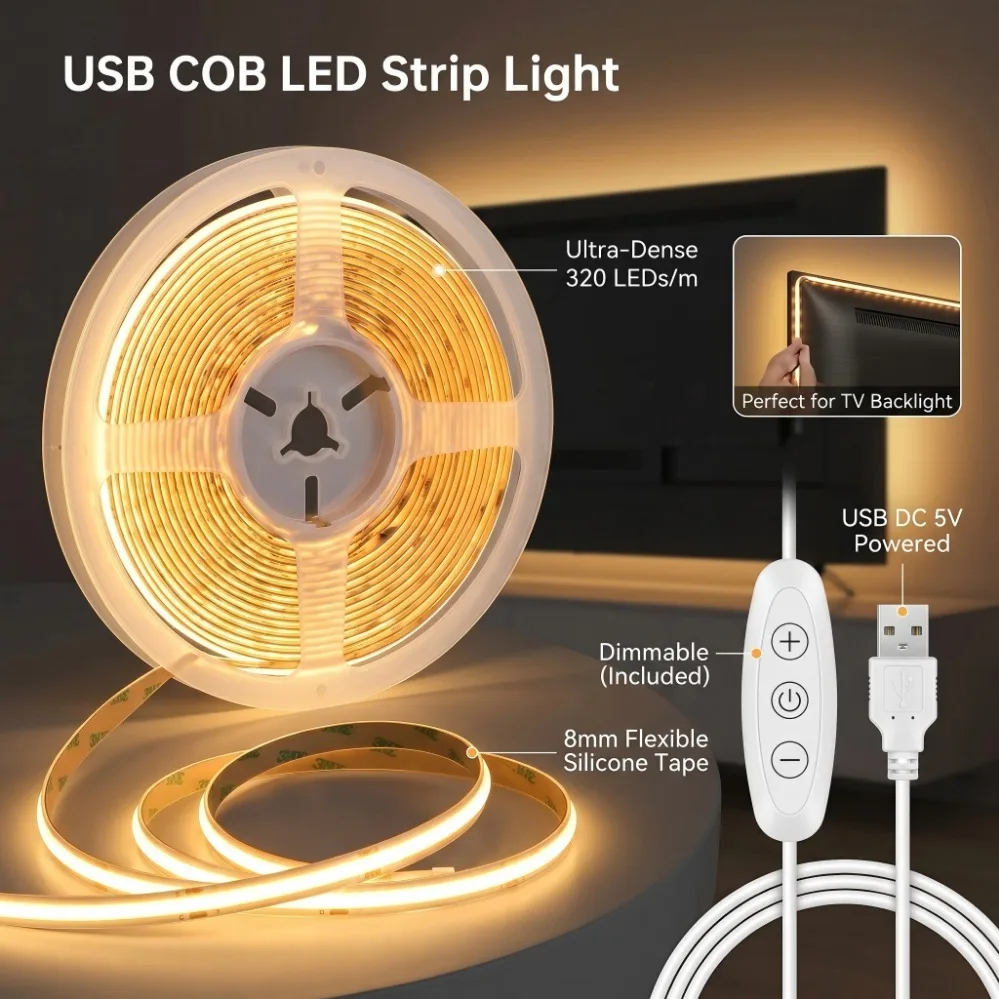 USB DC5V COB LED Strip 320LEDs/m Dimmable Switch 8MM PCB Flexible Self Adhesive Tape TV Background Decor Night Light 1-5m