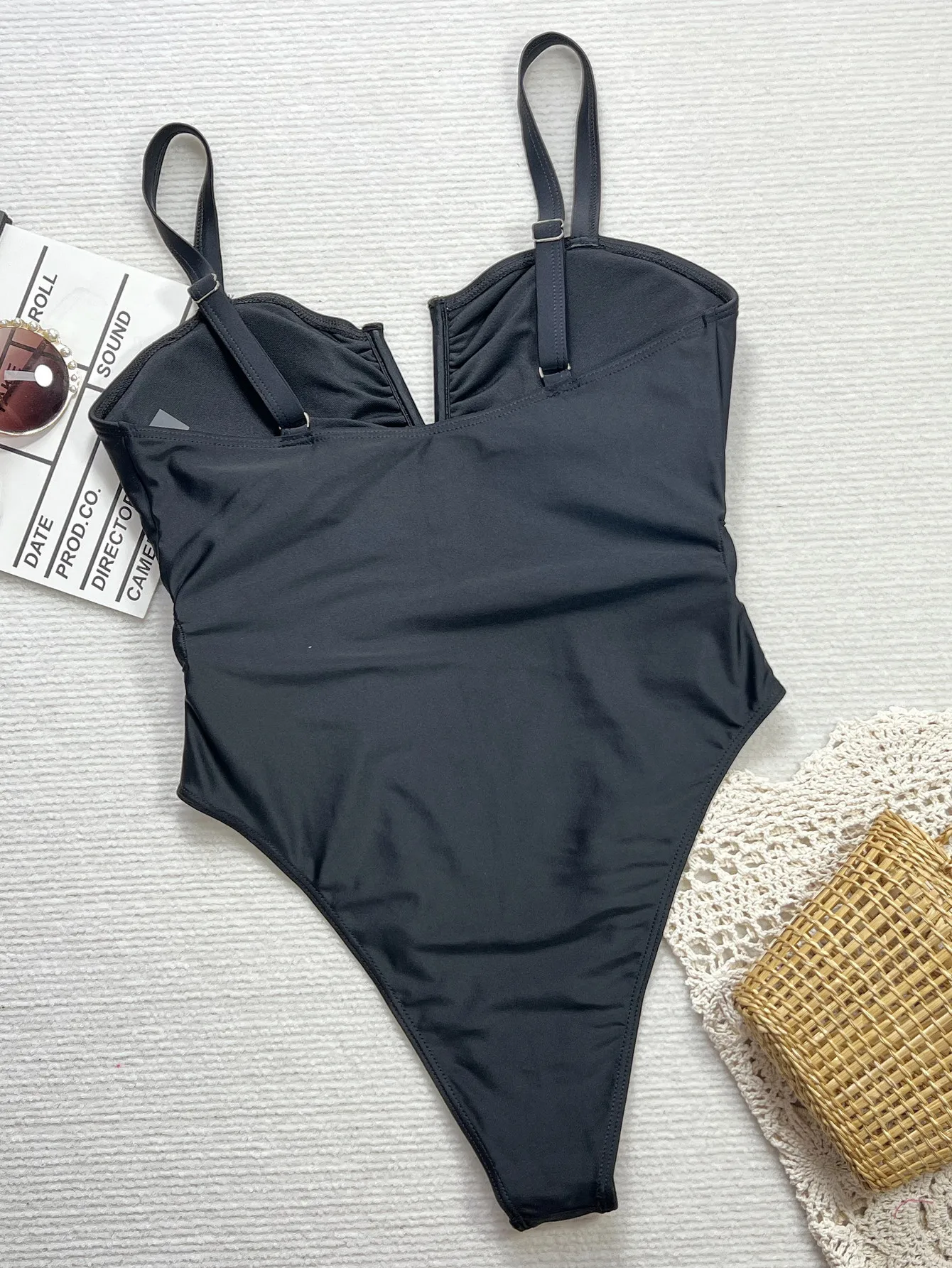 Solid V Neck One Piece Swimsuit Women Swimwear Female Bather Bathing Suit Hollow Out Swim Monokini Trikini
