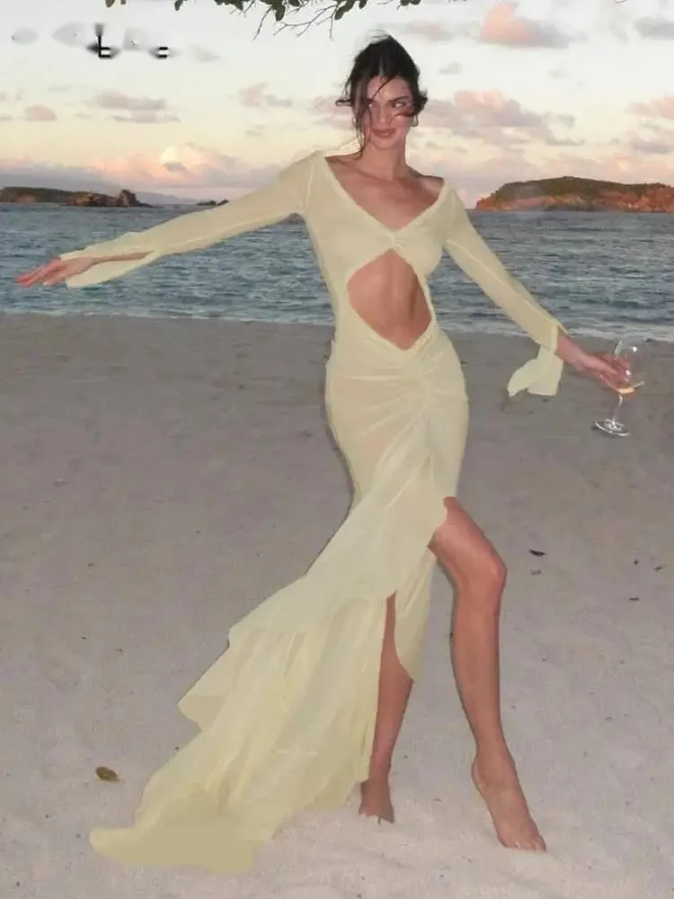 Mesh Concise Kleid Frauen Klassische Urlaub Stil Langarm Cut Out Raffen Asymmetrische Robe Weibliche Elegante Kleidung P855