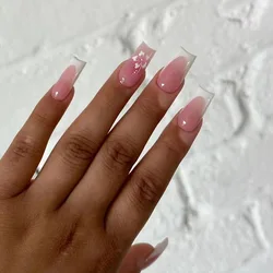 24Pcs Simple French Square Head Press on False Nails Peach Blossom Fake Nail Wearable Finished Manicure Full Cover Nail Tips