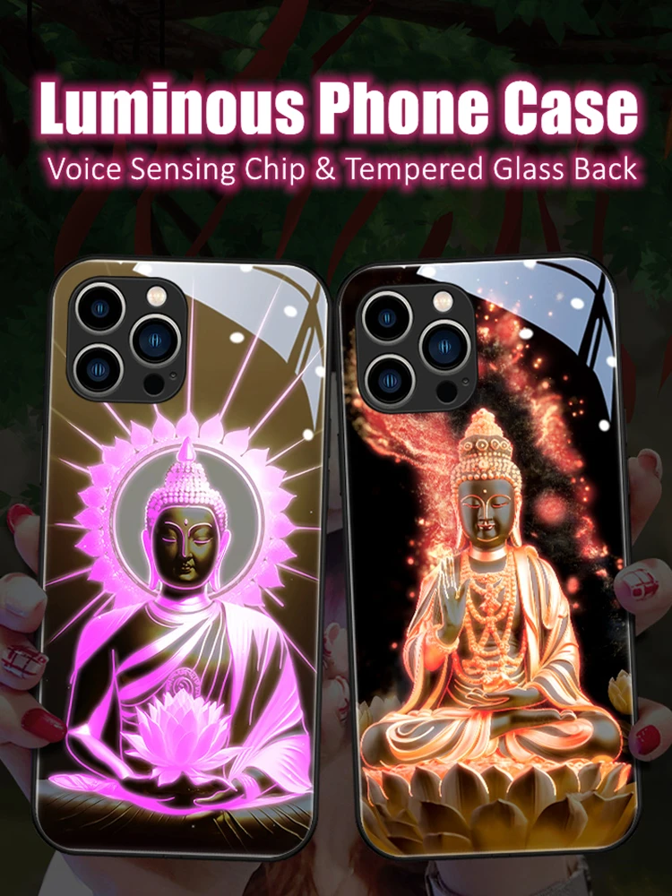 

Buddha LED Light Glowing Luminous Tempered Glass Back Phone Case for Samsung S24 S22 S23 Note 10 20 A14 A54 A73 Plus Ultra