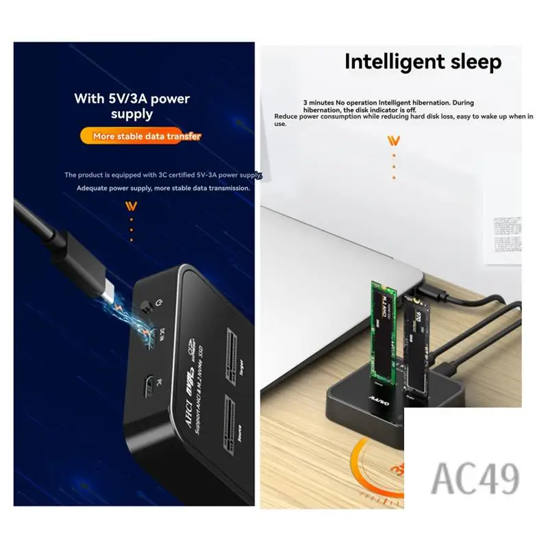 

C9-MAIWO Корпус SSD M.2 NVME с двумя отсеками USB 3.0 Type-C, внешняя док-станция Gen2x для жесткого диска 20 Гбит/с с функцией клонирования, вилка стандарта США