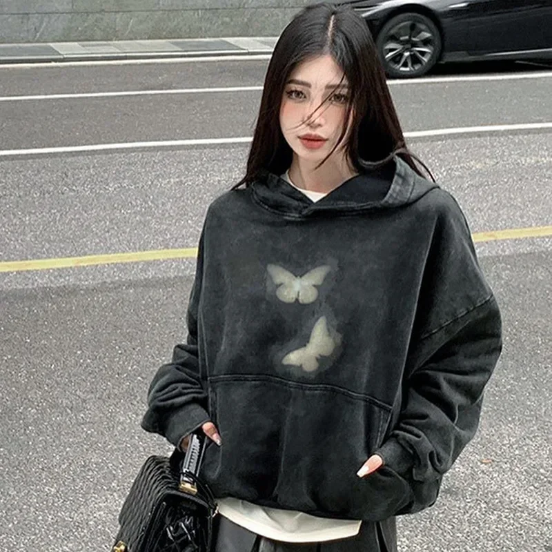 Korean Style Butterflies Print Black Hoodie Women Streetwear Fashion Harajuku Oversized Pullover Sweatshirts Y2k Clothes Hoodies