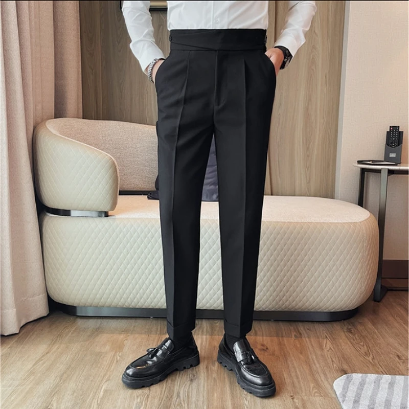 Brand High Waisted Suit Pants for Men Solid Color Casual Business Dress Pants Slim Fit Wedding Party Office Social Trousers