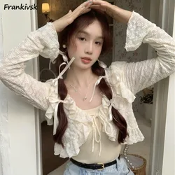 Women Shrugs Cardigan Sweet Summer Long Sleeve Cropped Korean Style Aesthetic New Arrival Lace Up Holiday Student Fungus Soft