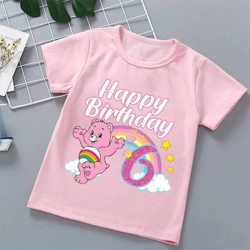 

Caring Bears Number T-shirt Girls Birthday Party Supplies 1-9 Years Short Sleeve Tee Kids Cotton Tops Clothes Base T-shirts Gift