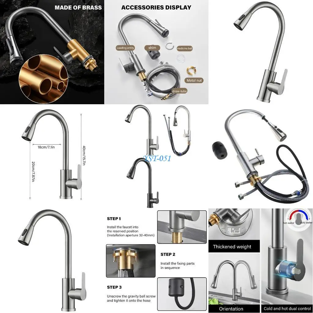 

E15A Upgrades Kitchen Faucet with Extendable Hot & Cold Water Mix Flexible Pull Out Bathroom Tap Suitable for Home