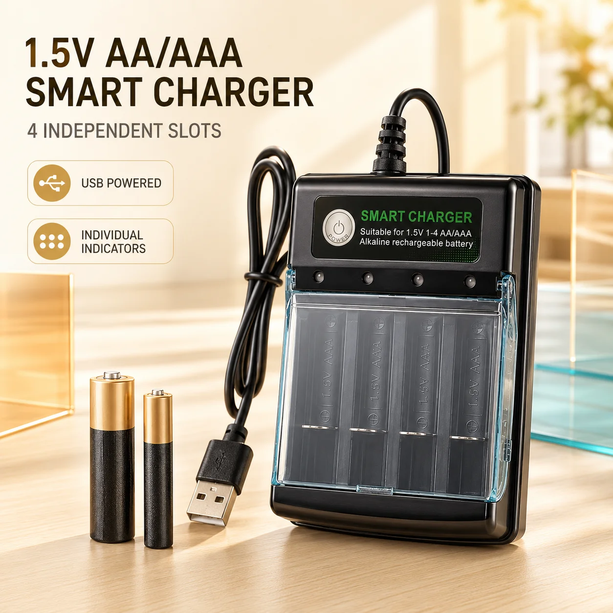 1.5V USB 4 Slots Charger Independent Charging AA Alkaline Battery Charger Smart Portable Rechargeable Battery Charger with Case