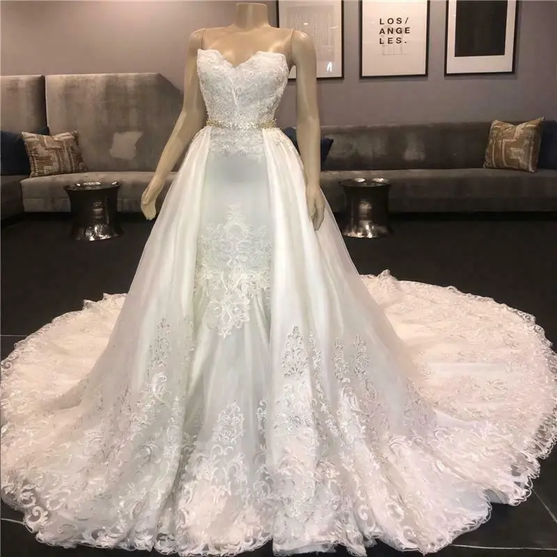 

Romantic Sweetheart Lace Applique Mermaid Wedding Dress with Detachable Train Vestidos De Novia Vintage Modest Bridal Gowns