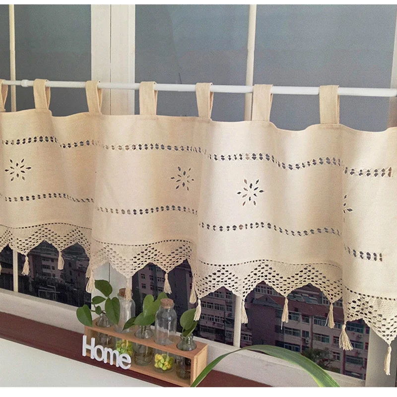 European Style Short Tab Top Curtains, Hollow Cotton Linen, Manual Crochet Curtains, Lace Tassel, 145x45cm, 1Pc