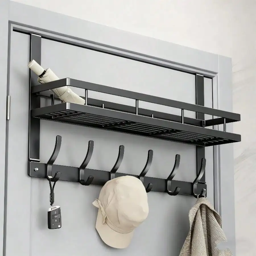 

Over-The-Door Hook With Extended Arm And Storage Tray, Sturdy And Durable For Hanging Clothes, Towels, Coats, Bags, Bathrobes, Also Suitable For Bathroom And Kitchen, Great Gift For Easter, New Year, Valentine's Day Bathroom Accessories
