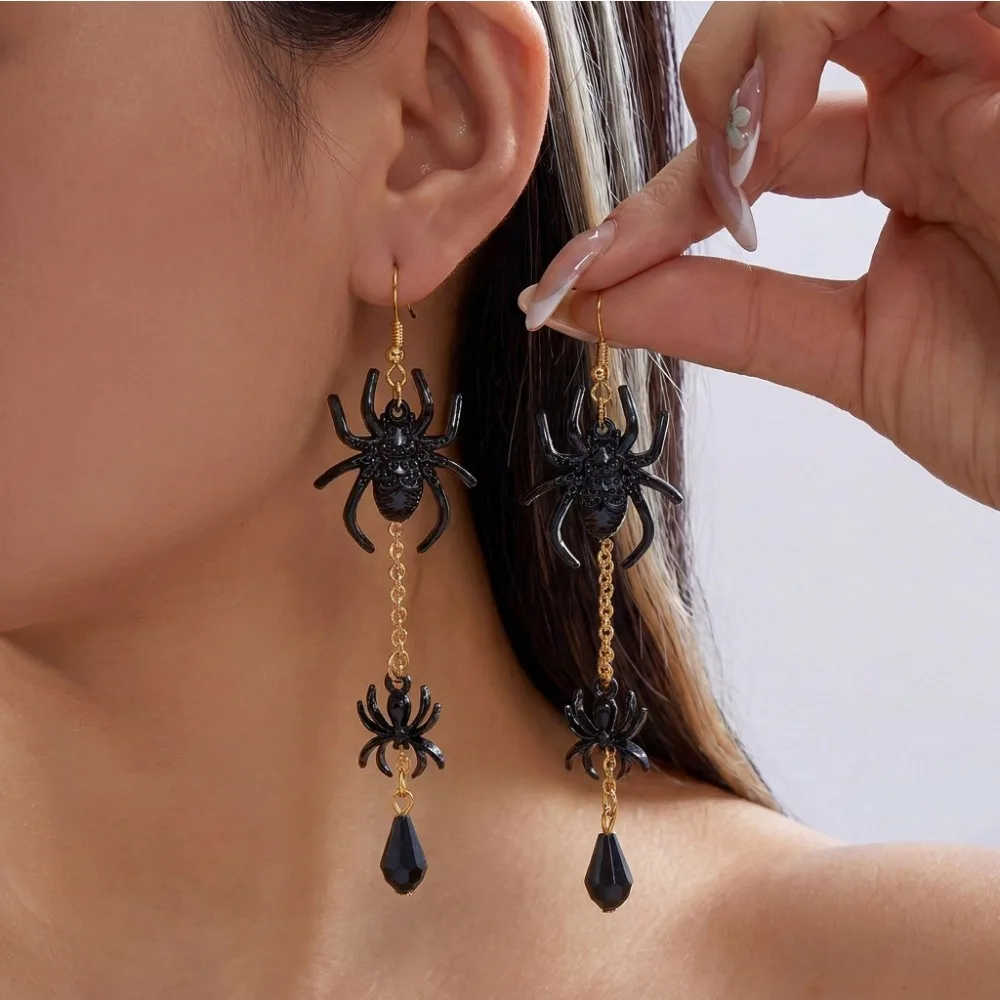 Fashion Rhinestone Halloween Earrings Crystal Trick or Treat Spider Dangle Earrings Dark Jewelry Long Tassel Drop Earrings Party