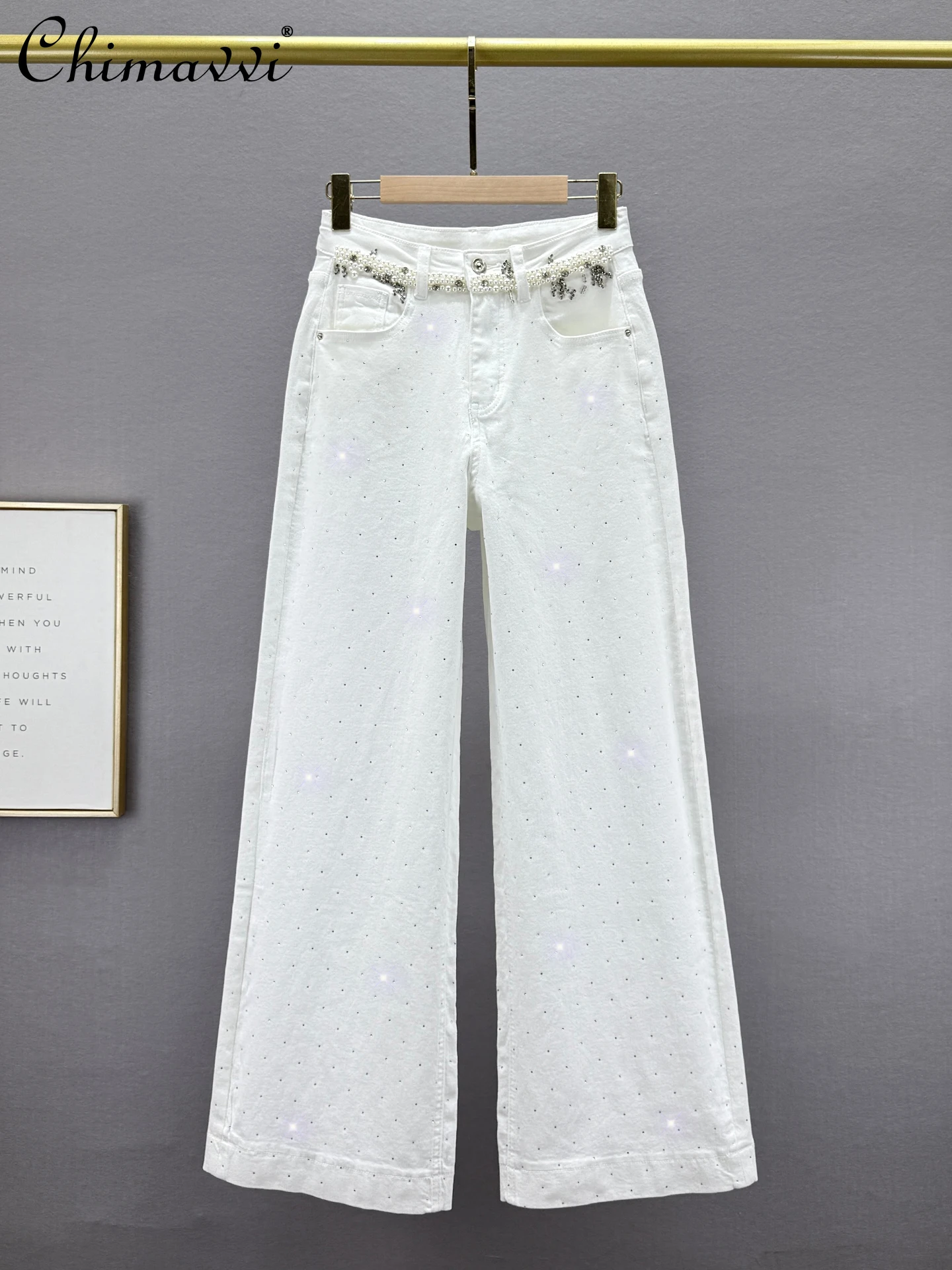 

Fleece-Lined Denim Wide-Leg Pants Women Winter New Fashion High-Waisted Loose Slim Heavy Rhinestone Floor-Length Pants Jeans