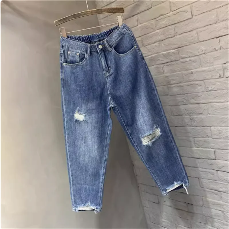 Spring and autumn oversized high-waisted ripped jeans for men and women loose-slimming everything with Harlan nine-point pants