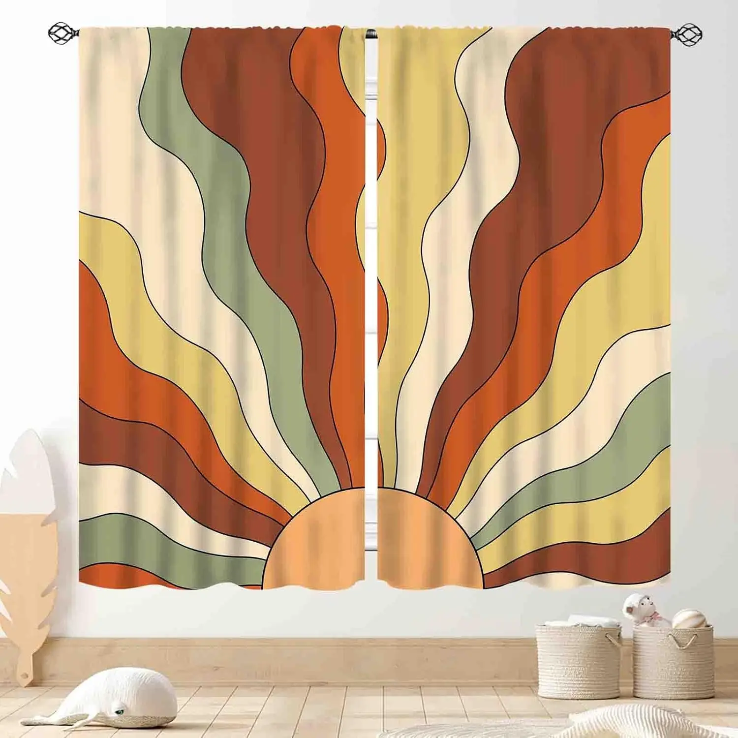 Boho Sun Curtains, 70S Funky Hippie Wave Mid Century Abstract Sunrise Sunset Modern Geometric Orange Colorful Window Drapery