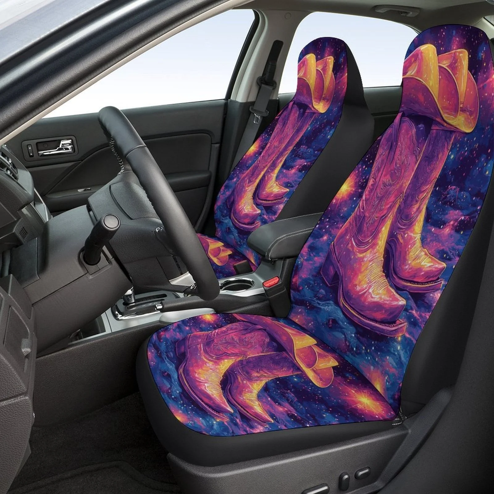 Set Of Car Seat Covers Featuring Cosmic Cowboy Boots, Suitable For Various Vehicles. Stylish And Durable, This Complete Set Incl