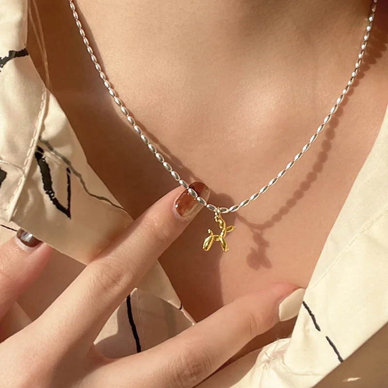 Silver Color Cute Animal Balloon Dog Necklace Creative Pendant Sparkling Clavicle Chain Necklace Ladies Girl Gift Fine Jewelry