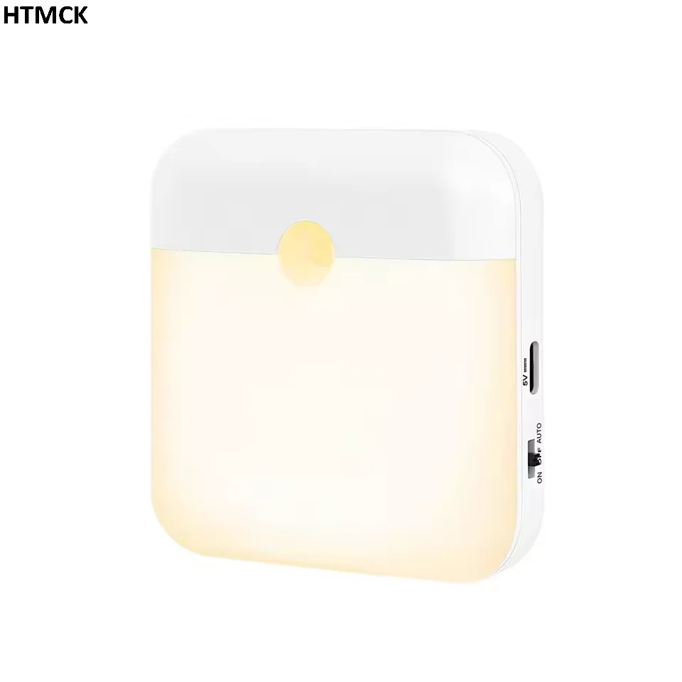 Luz noturna LED com sensor de movimento, recarregável por USB tipo C, luminária quadrada para quarto, cozinha, escadas, corredor, armário e guarda-roupa.