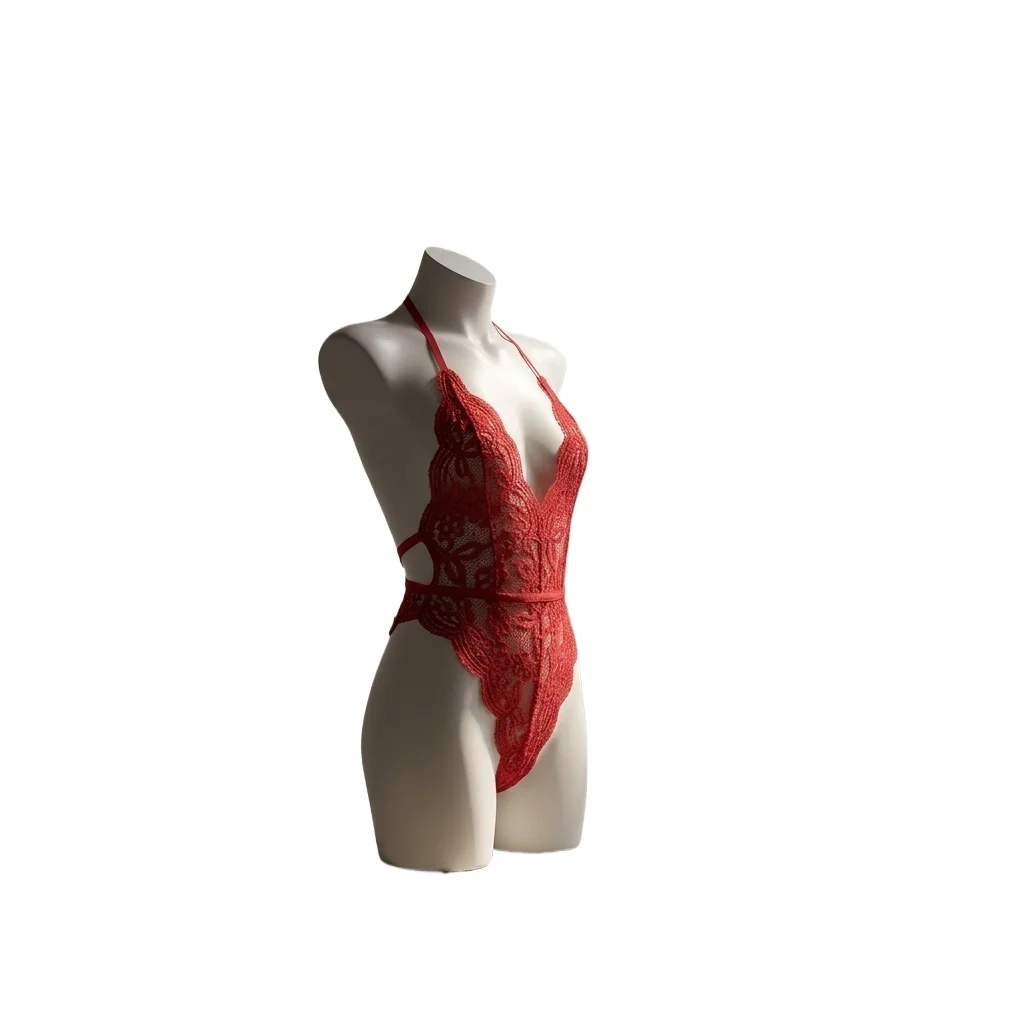 Women's Lace  Bodysuit, Deep V Neck Halter One Piece Lingerie with Scalloped Edges and Backless Floral Design for Honeymoon