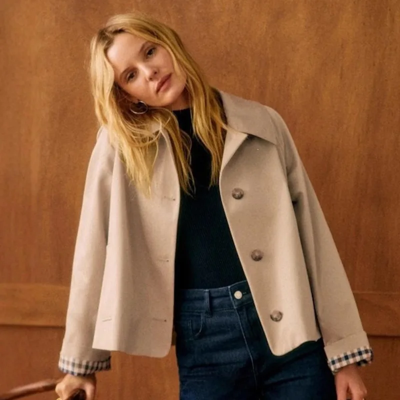 Women Classic Cropped Short Trench Coat Winter Double Breasted Lapel Jacket Plaid Cuff Turn Outerwear Quiet Luxury Fall Outfit