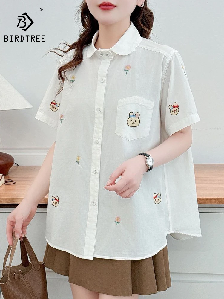 

New 2026 Summer Women Cotton Short Sleeve Shirt, Turn-down Collar Embroidery, Mori Girl Age Reduction Thin Loose Blouse T66157CC