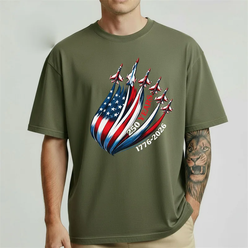 July 4th Jet Print T-shirt For Men And Women 250 Years Street Fashion Casual Short Sleeve T Shirts Graffiti Style Loose Tee Top