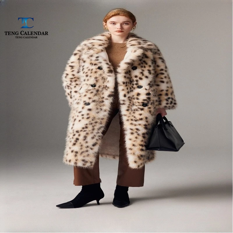 Imitation fourrure de renard herbe, mi-long Double boutonnage rétro imprimé léopard montagne chat dégradé manteau de fourrure, Style femme 2025