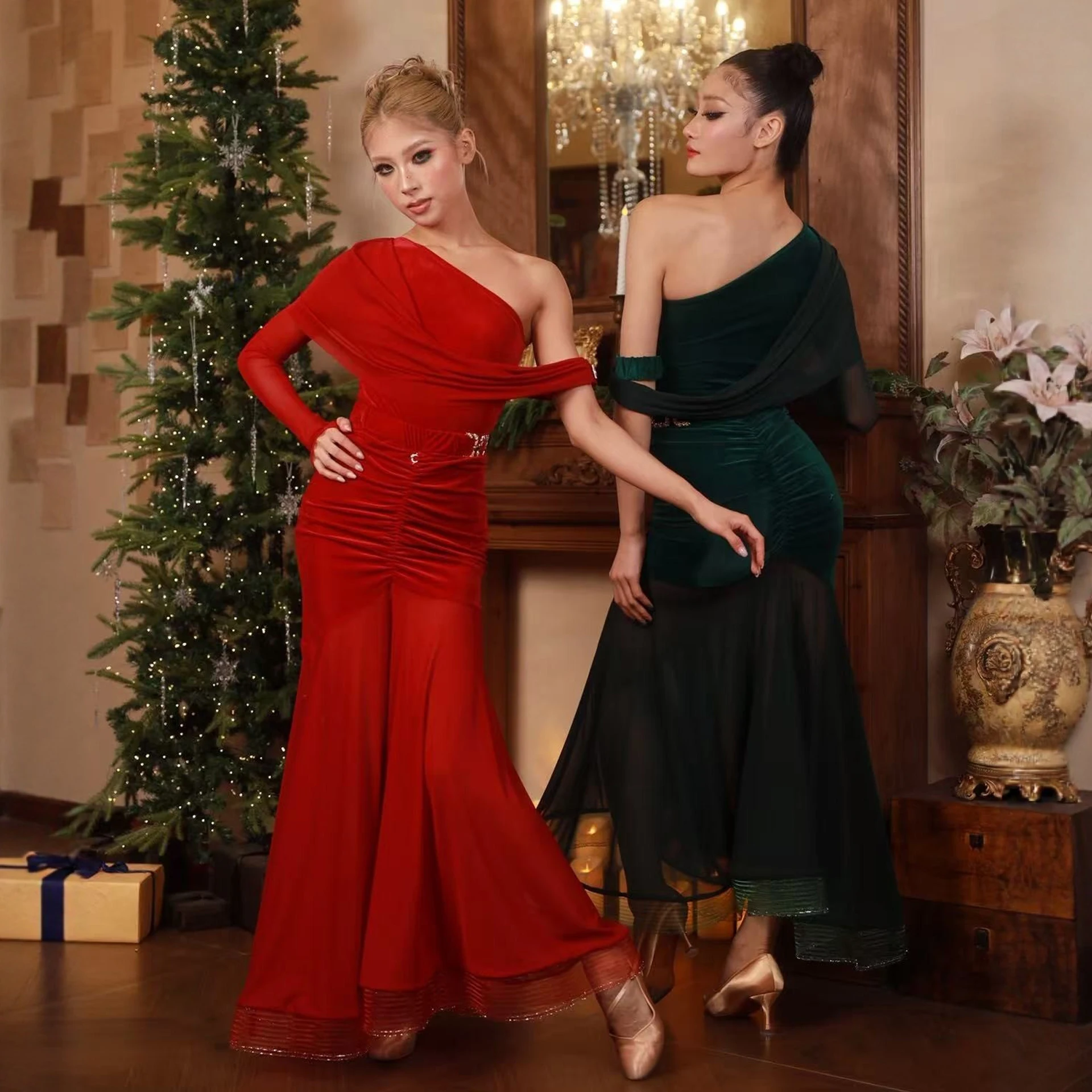 2026 valsa traje de dança de salão vermelho verde ombro inclinado topos malha saia longa baile desempenho vestidos competição dnv26042