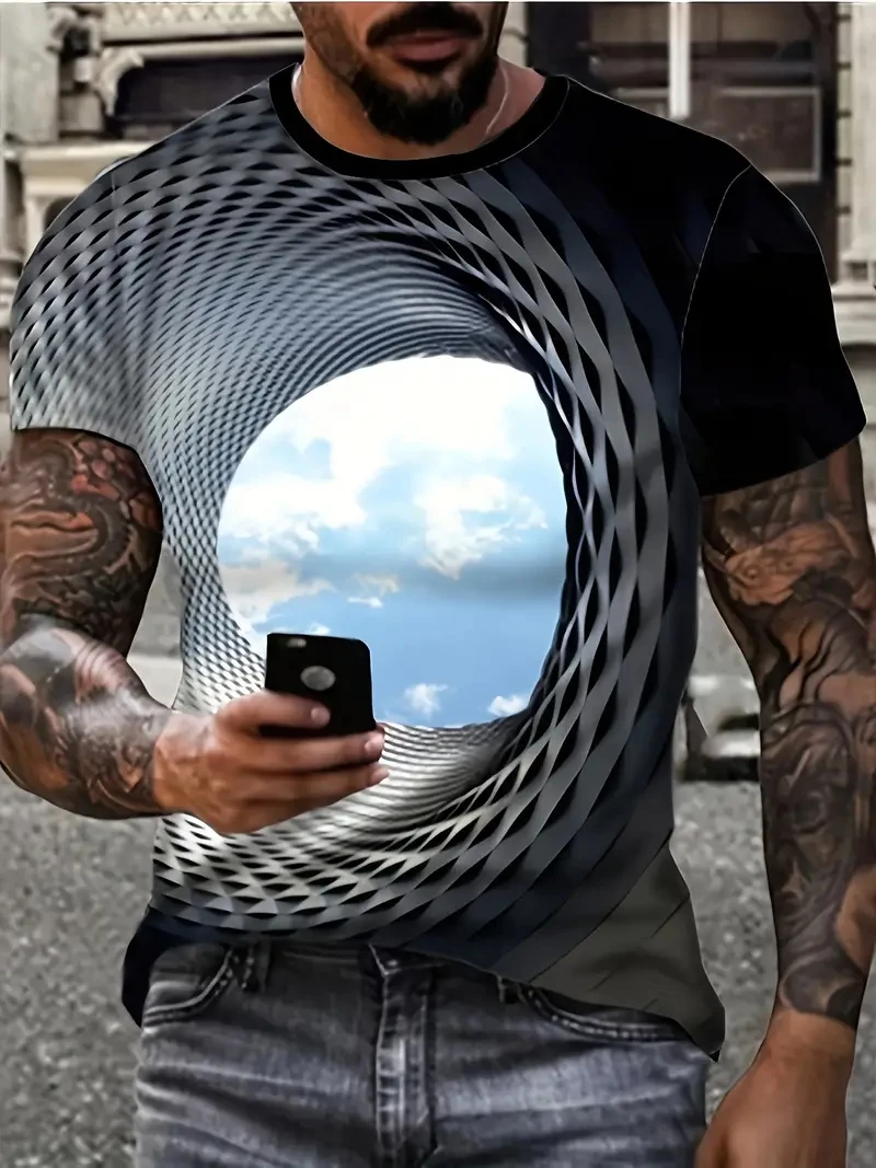 3D Optical Illusion Cloudy Sky T-Shirt - Men\'s Short Sleeve Crew Neck Novelty Shirt - Ultra Comfortable, Summer Outdoor Style