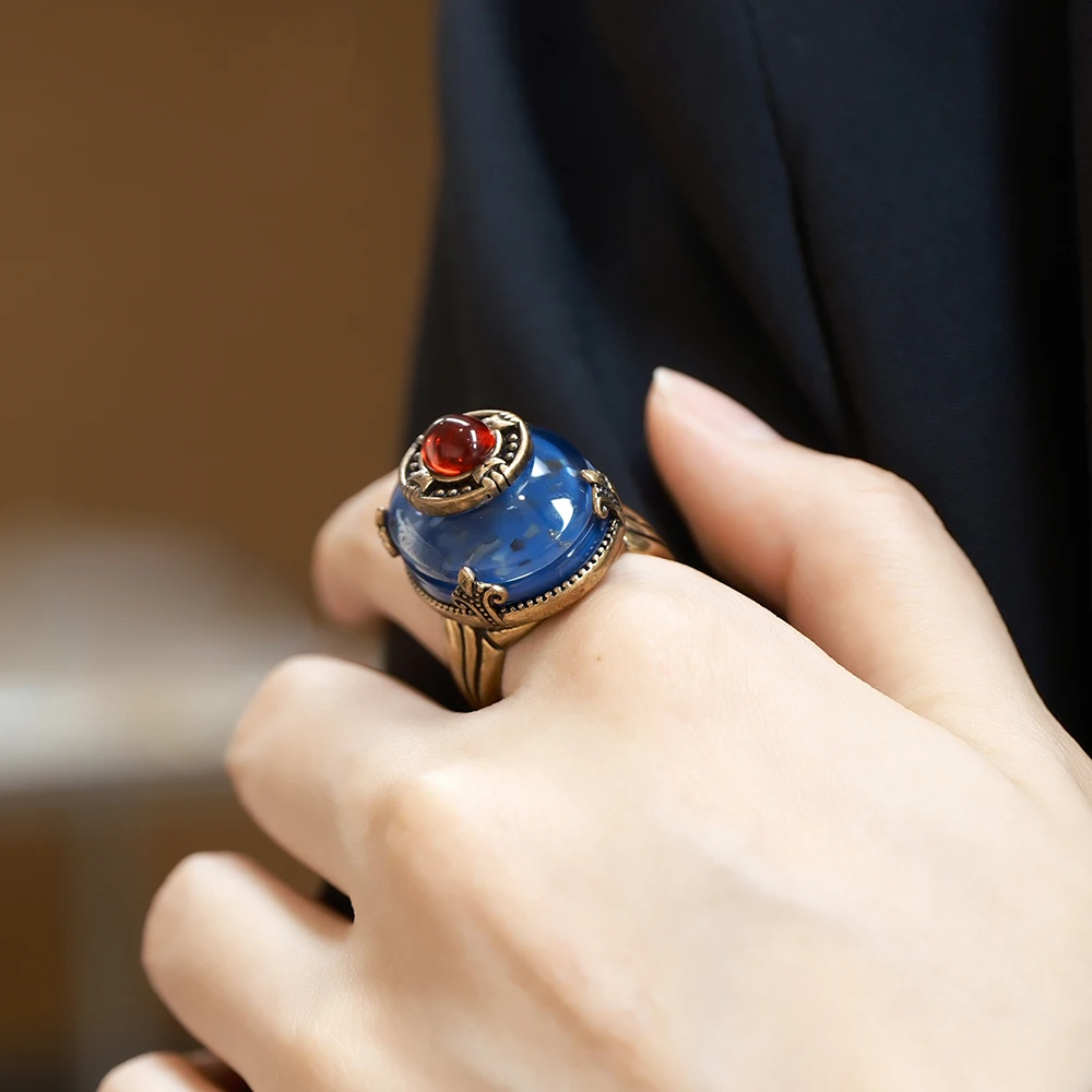 Amorita boutique deep blue copper vintage Geometric design Rings