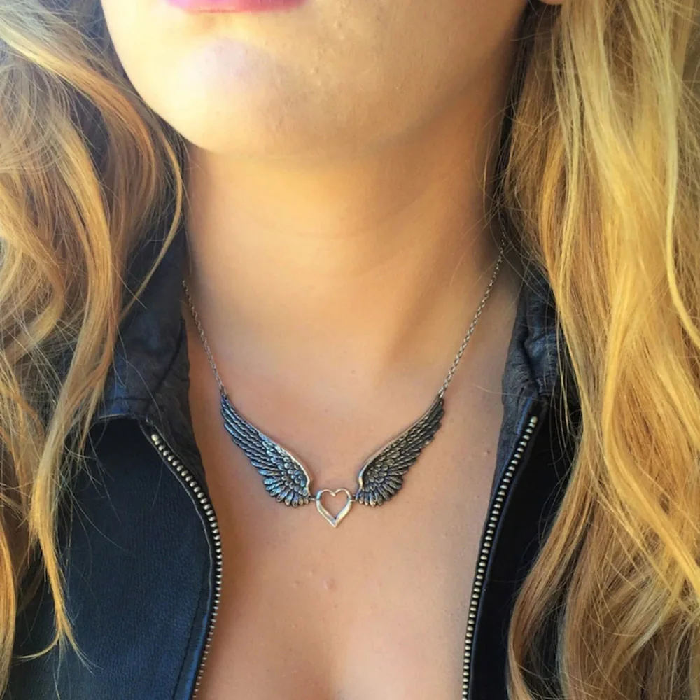 Vintage Angel Wings Feather Heart Choker Big Pendant Link Chains Statement Necklace for Women Collar Bib Wedding Tribal Gift