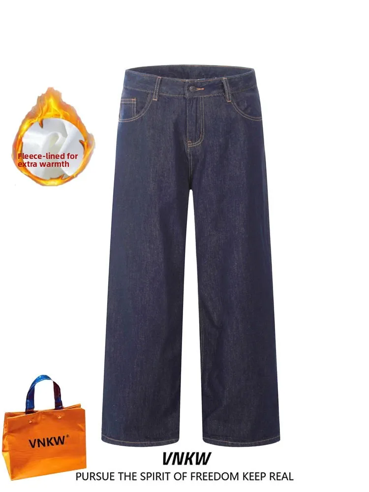 

Retro American Wide Leg Denim Jeans Men's Women's Winter Deep Blue Floor-Length Fce-Lined Thi Loose Straight Tube Pants
