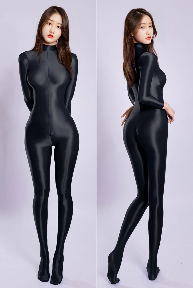 M XL Glossy Shiny Nylon Catsuit Bodystocking Zipper Open Crotch Bodysuit Tights Leotard Conjoined Unitard Jumpsuit Fitness Body