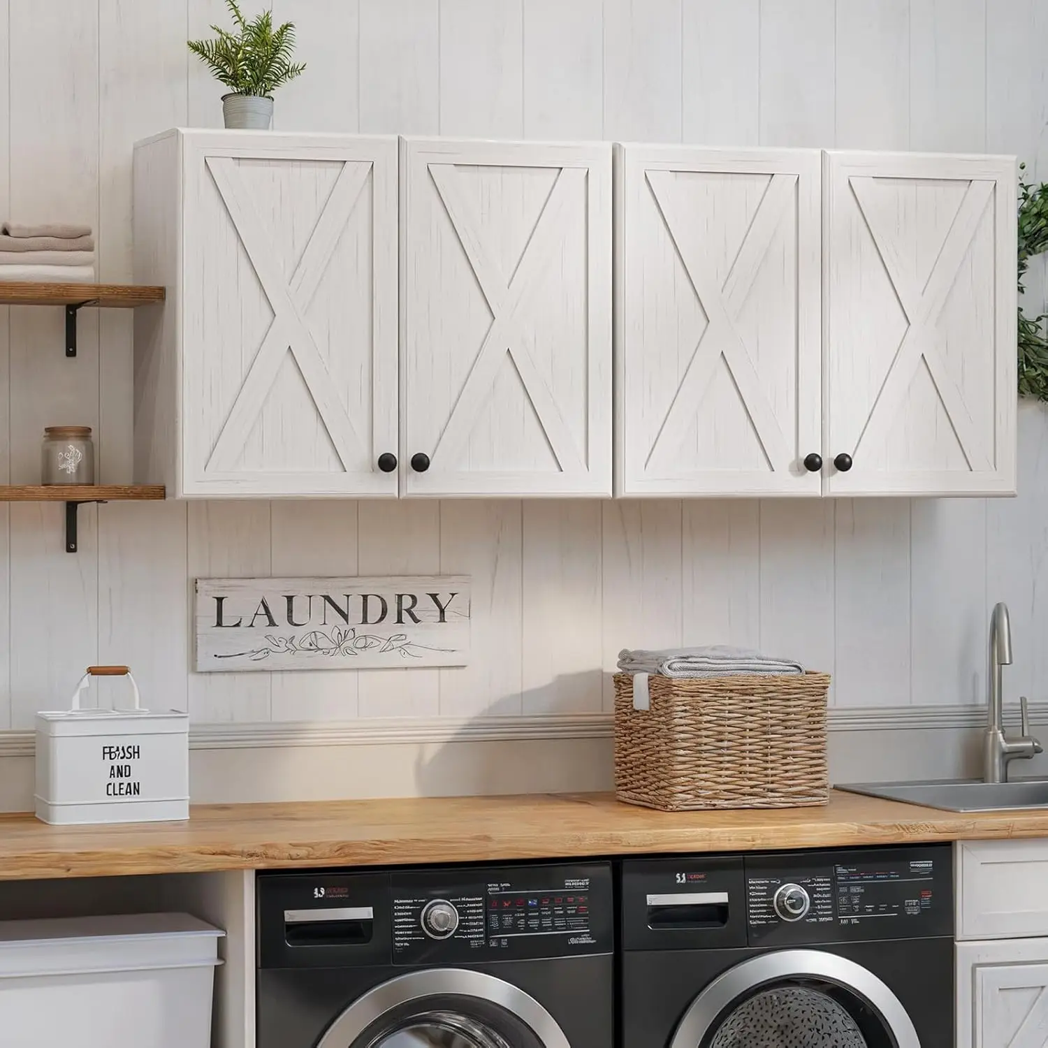 60’’ Laundry Room Cabinets, Laundry Wall Cabinet Storage, Barn Door Kitchen Wall Cabinets with Doors and Shelf, Wall