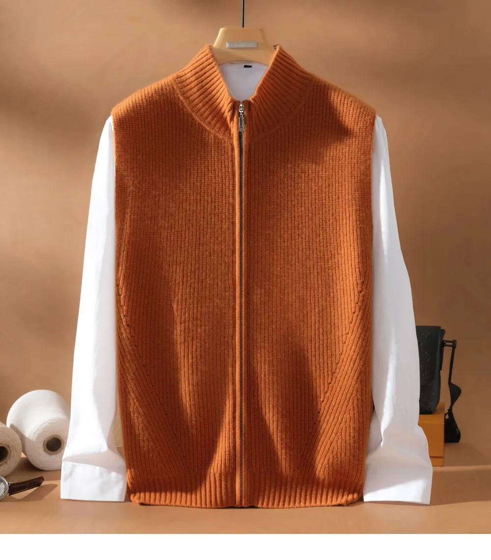 Half-high collar 100% pure cashmere sweater vest Men's winter knitted sleeveless sweater with waistcoat stand collar cardigan view 3