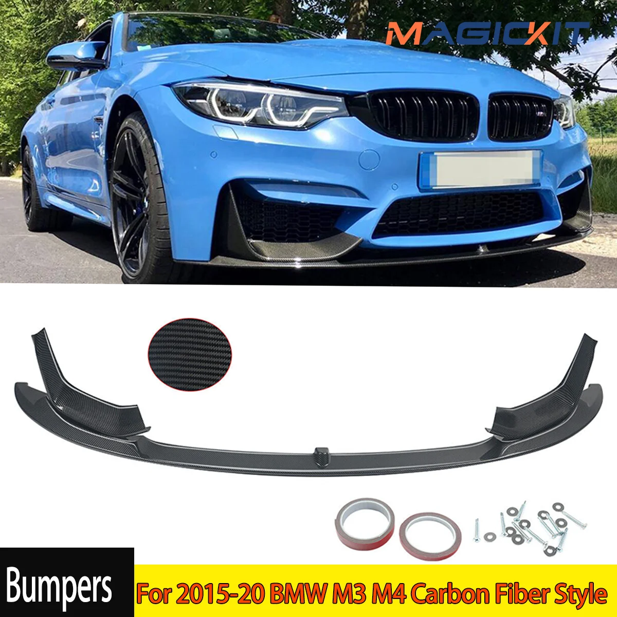 Front Bumper Lip Spoiler Splitters For 2015-20 BMW M3 M4 Carbon Fiber Style 3pcs