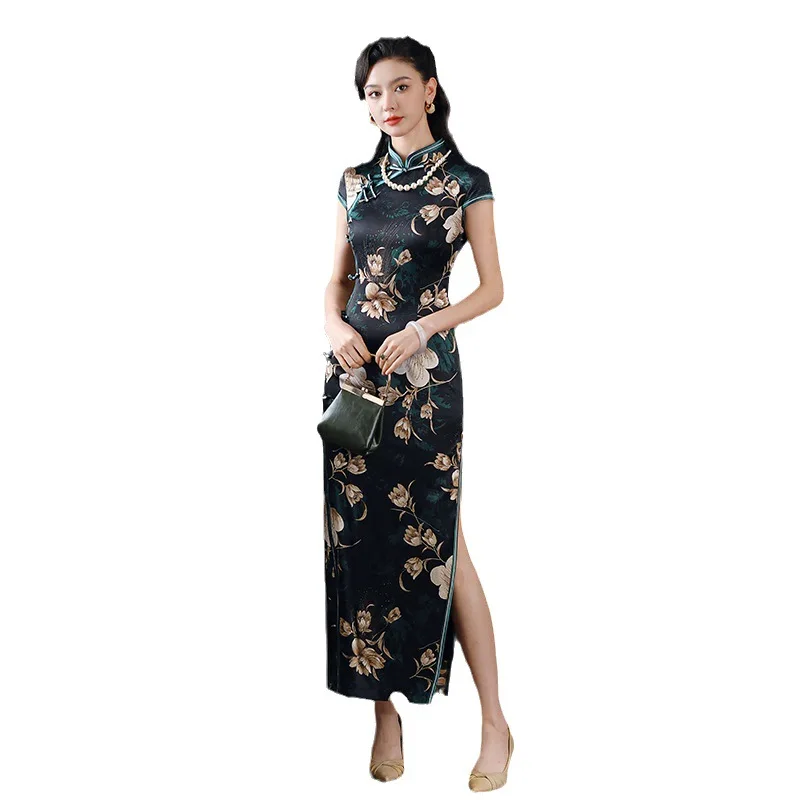High Quality Retro Long High-End Black Real Silk Cheongsam Qipao Female Summer Catwalk Improved Daily
