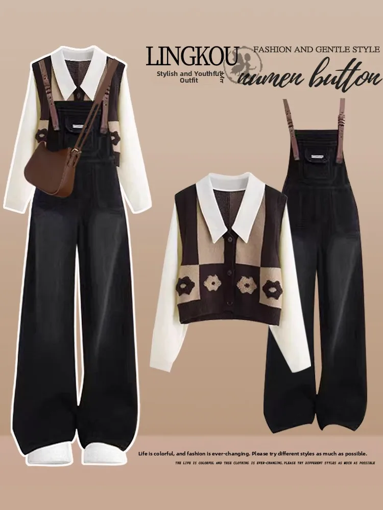 

Spring Autumn College Style Set Women Sweet Anti-Aging False Two-Piece Knitted Shirt And Denim Overalls Two-Piece Set Casual ...