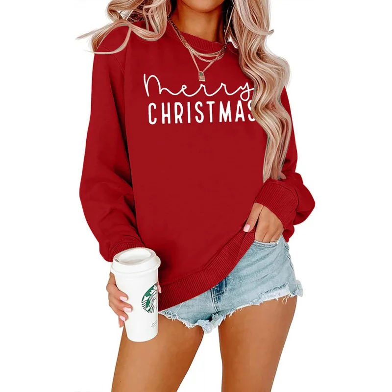 

Christmas Happy Sports Casual Shirt New Fashionable Women's Classic Happy Letter Printed Holiday Party Hoodie Red