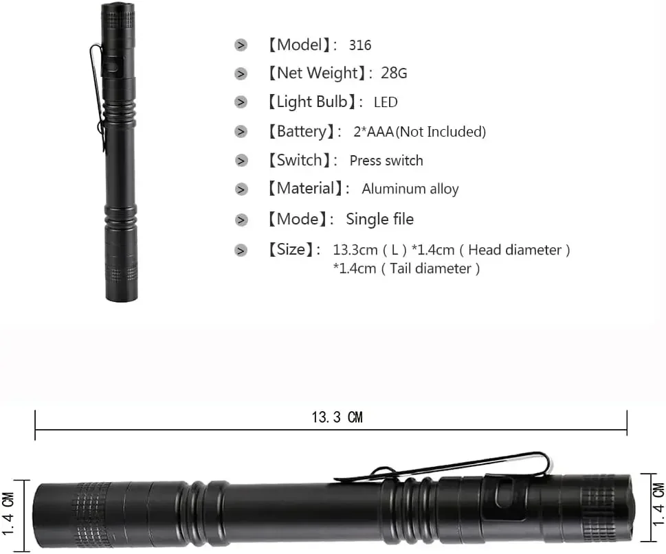 휴대용 LED 손전등, 펜라이트 포켓, 비상 소형 토치, 작업 라이트 레드 라이트, 펜 손전등