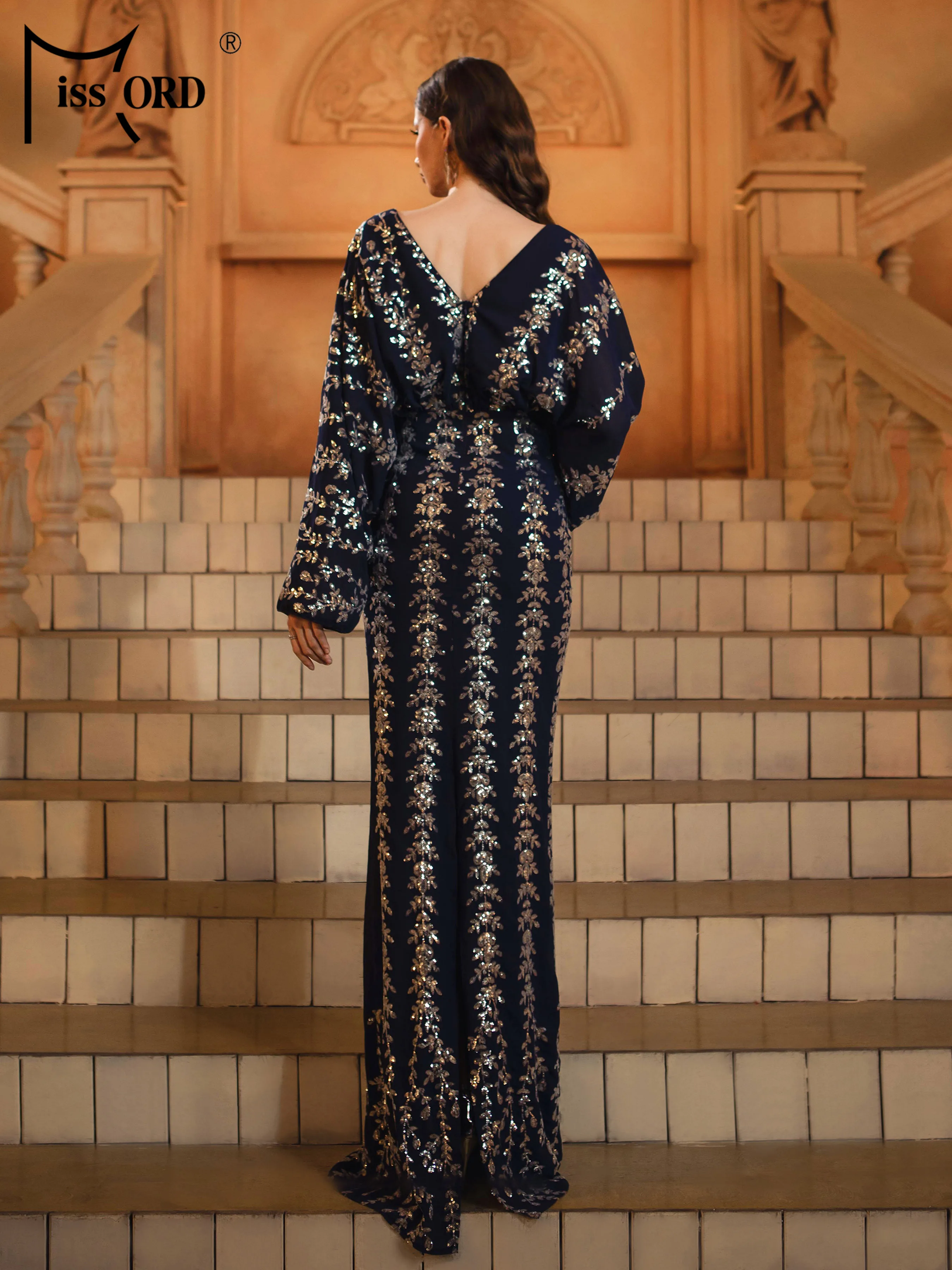 Missord elegante decote em v manga comprida lantejoulas sereia vestido de noite festa de aniversário de casamento alta qualidade luxo até o chão vestido