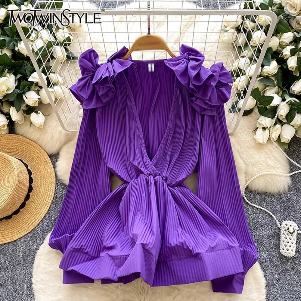 

TWOTWINSTYLE милые однотонные утягивающие блузки с рюшами для женщин, осенние дизайнерские рубашки с глубоким v-образным вырезом и длинными рукавами, женские новые KBL549825